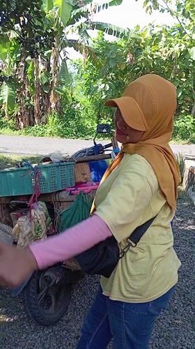 Woman with loaded motorcycle observed in Baron, Indonesia