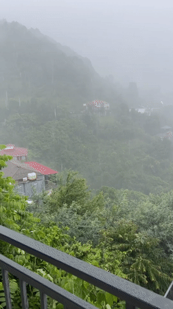Rainy balcony view over Batumi's green hillside