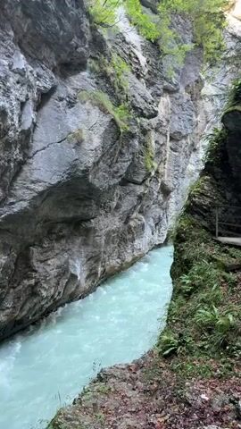 This is a first-person, eye-level perspective video looking into a narrow canyon with a river flowing through it. The canyon walls are made of sheer, grey rock, with patches of moss and small plants growing on them. Lush green vegetation, including trees and ferns, grows along the top and sides of the canyon, with sunlight filtering through the canopy in some areas. A narrow pathway, likely a walking trail, is visible along the right side of the canyon. This pathway appears to be made of concrete or stone and has a metal railing for safety. The water in the river is a striking turquoise color and appears to be flowing rapidly. The overall impression is one of a natural, somewhat wild, and beautiful environment. There are no people visible in the video.