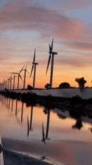 Solar panels and wind turbines at golden hour near Arles