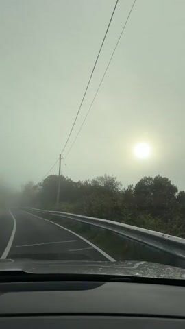 The video depicts a car traveling on a paved road through a foggy, overcast environment. The road has white lane markings and a metal guardrail along one side. Trees are visible on either side of the road, obscured by the fog. Overhead, power lines stretch across the view. The sun is a visible bright orb, but its light is diffused by the thick fog. The view is from inside the car, showing a portion of the vehicle's hood.