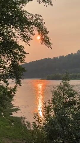 A still shot of a body of water, possibly a river or lake, at sunset. The sun is low in the sky, casting a warm orange glow on the water. Hills covered in trees form the background. The foreground shows the edge of the water with some greenery and trees framing the scene. The image is still with no discernible action or people.