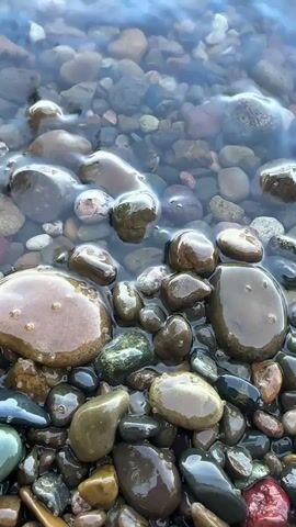 The video shows a close-up view of wet rocks at the edge of a body of water. The rocks are smooth and rounded, in various shades of brown, gray, green, and black. Some rocks are partially submerged in clear water, which reflects the sky and the surrounding environment. The water is calm, with ripples visible on the surface. The overall scene is natural and serene, with an emphasis on the textures and colors of the rocks and water.