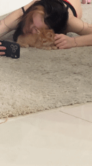 Woman photographs with kitten on rug in Khimki