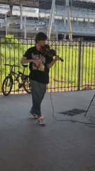 Street violinist performs near graffitied wall, observed from train