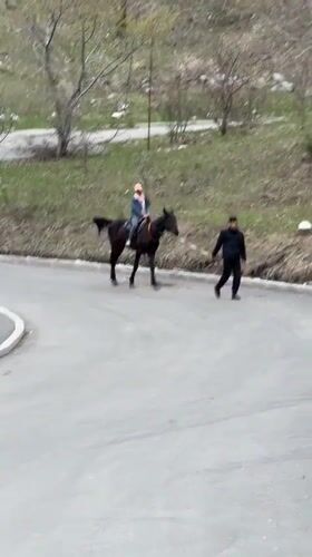 Horseback riders spotted on mountain road near Almaty