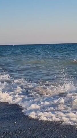 The video shows a person swimming in the ocean near a shore. The water is blue and appears to be choppy with waves breaking on the shore. The sky is clear and blue. The person is seen briefly in the water.