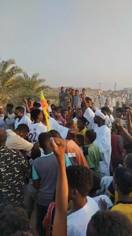 Here is a description of the scene in the video:

The video shows a large group of people gathered in what appears to be an open area with palm trees. The crowd is mostly composed of men and children, and many are wearing white or light-colored clothing. Some individuals are raising their fists in the air, while others are clapping. At the center of the crowd, a man in a white shirt is being carried on someone's shoulders. He is smiling and waving, and he is holding a flag with red, orange, and green colors. The overall atmosphere seems festive and celebratory. The background includes buildings and what looks like a desert landscape under a clear sky.