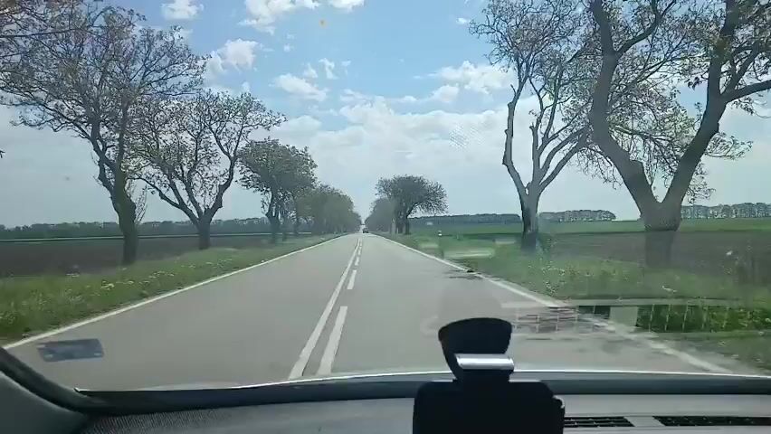 The video shows a car driving down a straight, two-lane road, lined with trees on either side. The fields on the sides of the road are green. The sky is blue with scattered white clouds. The camera is inside the car, looking through the windshield. A small object is mounted on the dashboard. There is music playing in the background. Another vehicle is seen in the distance, driving in the same direction.
