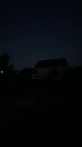The video is a compilation of short clips recorded at night. The first clip shows a dimly lit rural landscape with a building in the background. The subsequent clips show a dark sky with a crescent-shaped red object, followed by blurry shots of trees and vegetation, and a dark silhouette of what appears to be an animal moving through brush. The footage is characterized by low light conditions and a sense of movement, suggesting it was filmed from a moving vehicle.