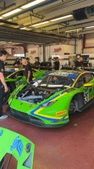Green Lamborghinis in the pits at Mugello Circuit