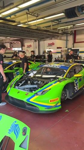 Green Lamborghinis in the pits at Mugello Circuit