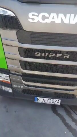The video shows the exterior of a green car carrier truck. The front of the truck, including the grille and headlights, is visible at the beginning of the clip. The camera then pans along the side of the truck, revealing the car carrier system stacked with vehicles. The truck has the website "www.adampolsa.com" and a phone number printed on its side. A caution sign warning about the length of the vehicle is also visible. The environment appears to be an outdoor paved area, possibly a parking lot, under bright sunlight.