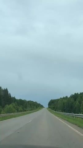 The video shows a view from the perspective of someone in a car, driving down a straight, paved road. The road is bordered by guardrails on both sides, and beyond the guardrails are dense green trees, suggesting a rural or forested area. The sky is overcast with gray clouds, and the lighting is diffused. The road appears to have lane markings. The camera perspective is fixed, indicating it is likely a screen recording or a stationary shot during a drive. There are no people or other vehicles visible in the immediate scene. The video's duration is very short, approximately three seconds.