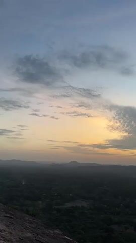 A drone shot pans across a scenic landscape at dusk. The sky is a gradient of blue, transitioning to soft orange and yellow hues near the horizon, where the sun has recently set. Wispy clouds drift across the sky, adding texture to the twilight scene. Below, a dense, dark green forest stretches as far as the eye can see, interrupted by the faint outlines of distant mountains. The foreground is dominated by a rocky, dark surface, likely a cliff or elevated viewpoint, from which the video is captured. The overall atmosphere is peaceful and serene, capturing the beauty of nature during the transition from day to night.