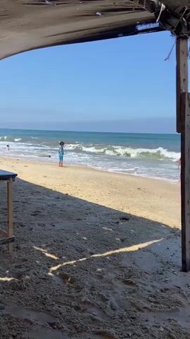 The video begins with a view of a beach. In the foreground, sand and a shaded area with a rough wooden structure are visible. A blue ocean with waves is in the background. A young child in a blue swimsuit stands near the water's edge. Another child, wearing a red shirt, is partially visible in the water. The first child runs towards the water. The second child, in red, moves slightly in the water. The first child continues to run into the water and disappears from view behind a wave. The second child moves further into the water. A man with dark hair and a beard is visible in the right foreground, looking out towards the ocean. The sky is clear and blue.