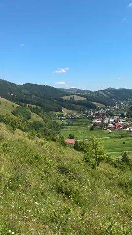 This is a vertical, short-form video with a soundtrack. The video shows a scenic mountain landscape under a clear blue sky with a few scattered clouds. In the foreground, there is a grassy slope dotted with wildflowers and small trees. In the midground and background, a valley unfolds, revealing a small town or village with red-roofed houses nestled among green fields and surrounded by rolling, densely forested hills. The camera is static and the view is wide, capturing the expansive natural beauty and the human settlement within it.