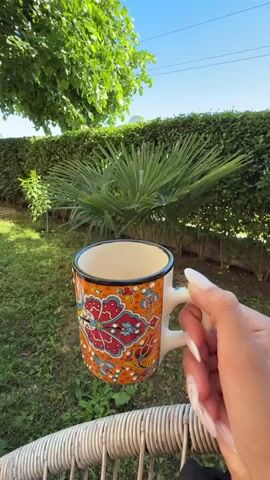 A first-person perspective video shows a hand holding a decorative mug filled with a light-colored beverage, possibly coffee or tea. The hand has manicured nails. The mug has an orange base with a detailed pattern of red and blue floral or paisley designs. The scene is outdoors, with lush green foliage and a hedge in the background under a clear blue sky. Sunlight illuminates the scene, casting shadows and highlighting the greenery. The person holding the mug is seated, as indicated by the edge of a wicker chair in the foreground. The video appears to be a short, peaceful moment of enjoying a drink outdoors.
