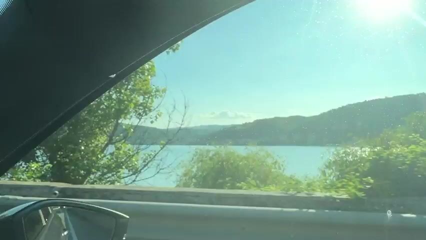 The video captures a view from a moving vehicle, looking past a metal guardrail towards a body of water with distant hills under a clear blue sky. Bright sunlight with lens flare is visible on the right side. Green trees and foliage in the mid-ground intermittently obscure the view of the water.