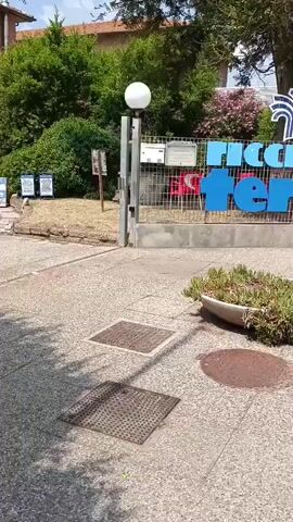 The video begins with a view of a paved walkway leading to an entrance. A sign with blue lettering that reads "Riccione Terme" is visible. To the right of the walkway, a street with traffic can be seen. The camera pans to the right, showing more of the street and sidewalk. Several trees and some foliage are present. In the distance, there are buildings and more trees. The sky is blue and clear. There are no people clearly visible in the video.