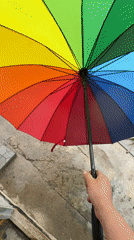 Woman poses with rainbow umbrella during early morning rain