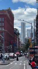 Red brick and city streets on a cloudy New York afternoon.