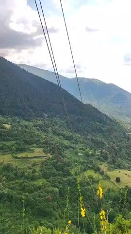 This video shows a mountainous landscape with lush green trees and vegetation. The sky is partly cloudy with sunlight breaking through. In the foreground, there are some branches and yellow flowers. In the distance, there are rolling hills and valleys. There are also some power lines visible in the upper left corner of the video, as well as a small building in the middle ground. The camera pans across the landscape, offering different perspectives of the scenery.