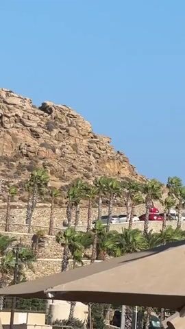 The video shows a road winding up a rocky hillside lined with palm trees. Several cars are visible on the road, including a red truck. The sky is clear and blue. In the foreground, a portion of a tan-colored umbrella or canopy is visible. The overall scene appears to be a sunny day in a warm climate.