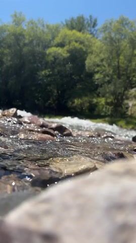 A low-angle shot focuses on a shallow, rocky stream flowing towards the right of the frame. The water is clear and transparent, revealing the smooth, rounded stones beneath its surface. Sunlight glints off the water's ripples, creating a shimmering effect. On the left side of the frame, a large, out-of-focus rock rests in the foreground. The background is filled with lush green trees and foliage, suggesting a natural, wooded environment. The sky above is a clear, bright blue. There are no people or animals visible in the scene.