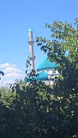 A mosque with blue domes and a tall minaret is visible through the leaves of trees. The sky is clear and blue with a few white clouds. The camera pans slightly to the left.