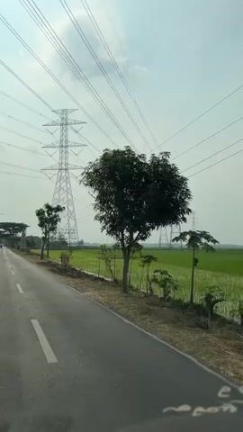 A video captured from a moving vehicle shows a paved road on the left and a lush green rice paddy on the right. Towering electricity pylons and overhead power lines dominate the sky, stretching across the horizon. A few trees are scattered along the roadside and within the field. The sky is partly cloudy, and the overall atmosphere suggests a rural, possibly agricultural, setting. The time stamp indicates the video begins at 00:00 and ends at 00:05.