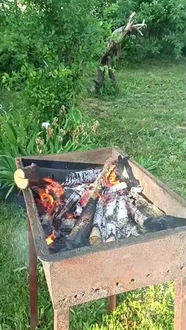 A fire burns in a rusty barbecue grill. The grill is situated on a lawn with green grass and various plants. In the background, there are trees and some buildings. The fire consists of logs and embers, with flames visible. The scene appears to be outdoors in daylight.