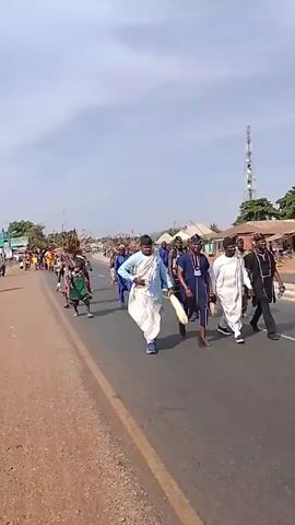 The video depicts a procession on a paved road.  A group of men dressed in traditional clothing and elaborate headdresses made of sticks and feathers are walking along the road. Some of the men are also carrying drums. Several other men, dressed in casual and formal attire, are walking alongside the traditionally dressed men. The background consists of buildings, trees, and a utility tower. The sky is clear and blue.