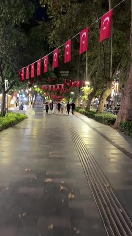 This is a ground-level, first-person perspective video taken at night on a city street. The street is paved with dark gray tiles and has a raised textured section on the right side. The street is lined with trees on both sides, with green foliage. Turkish flags are strung across the street overhead. In the distance, a group of people are walking away from the camera down the street. Some streetlights and shop lights illuminate the scene. The overall atmosphere is festive.