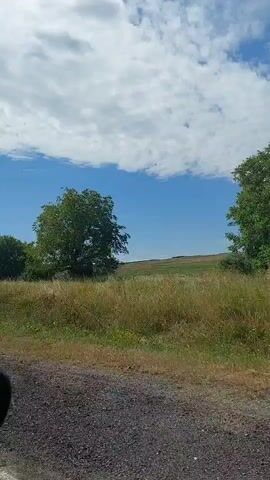 This is a first-person perspective video filmed from a moving vehicle. The camera is focused on the right side of the road. The road appears to be gravel or dirt. The landscape consists of green grass, scattered trees, and a blue sky with white clouds. The time of day appears to be daytime, likely afternoon, based on the lighting conditions. There are no people or other vehicles visible in the immediate vicinity. The video is short, lasting only five seconds.