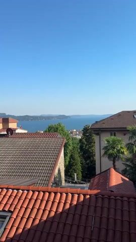A wide shot captures a serene view of a town nestled by a calm, blue lake under a clear, bright sky. In the foreground, the terracotta-tiled roofs of several buildings are visible, some with chimneys. Trees dot the landscape, providing a lush green contrast to the urban structures and the expansive water. In the distance, the shimmering expanse of the lake stretches out, dotted with small islands and mountains on the horizon. The town's buildings, a mix of colors and architectural styles, are partially obscured by the trees. The overall impression is one of a peaceful, sunny day in a picturesque lakeside setting.