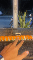 Hand reaches for salmon sushi at outdoor Thailand location