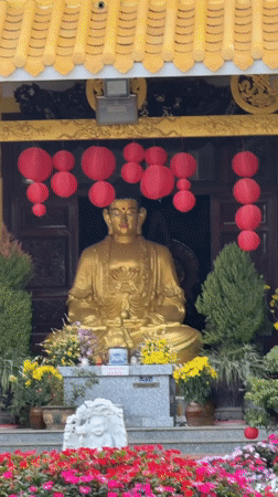Traditional yellow temple with gold feature documented in Da Lat