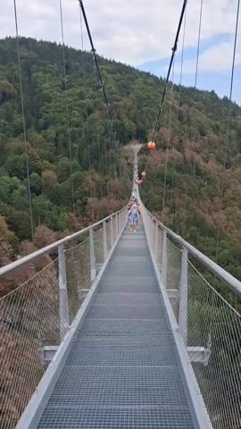 The video shows a perspective from a long suspension bridge. The bridge is made of metal grating and has mesh railings. Two people are walking away from the camera on the bridge, towards the distant end. The bridge spans across a densely forested valley. The trees are a mix of green and some autumn colors. The terrain is hilly, with a road visible in the distance winding through the trees. The sky is overcast with some clouds.