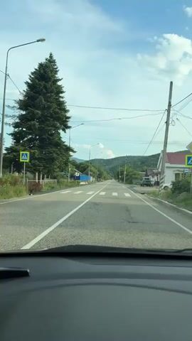 This video captures a view from the driver's seat of a car traveling down a paved road in Kurinskaya, Russia. The road is lined with a mix of residential buildings and natural elements. On the left side, a tall evergreen tree stands out, followed by a blue building with a light-colored fence. Further down the road, more houses and trees are visible. The right side of the road features a white house with a red roof, a green van parked nearby, and other buildings and vegetation. The road itself has white lane markings, including a pedestrian crossing. Power lines and streetlights are present along the route. In the background, rolling hills covered in greenery suggest a rural or semi-rural setting. The sky is partly cloudy, indicating daytime. The overall impression is that of a leisurely drive through a quiet village or town on a pleasant day.
