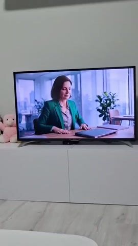 The video shows a television screen displaying a show or movie. The TV is placed on a white entertainment center. The show or movie displays several scenes. The first scene shows a woman in a green blazer at a desk in an office. The second scene shows three women at an outdoor café. The third scene shows a woman and a man in a living room. The woman hugs the man and a young woman. There is a pink stuffed animal on the entertainment center to the left of the TV. The floor is a light-colored wood laminate.