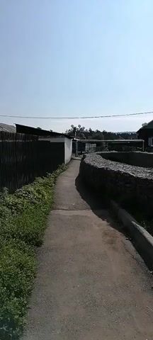 The video shows a walkway between a dark wooden fence on the left and a gabion wall filled with rocks on the right. The walkway is made of gravel and dirt. Further along the walkway, a dark wooden house with white shutters and decorative lights is visible. Beyond the house, there are trees and a blue sky. A lamppost with a light fixture is also visible near the house. The gabion wall continues along the right side of the walkway, leading towards the house and beyond. The scene appears to be outdoors in daylight.