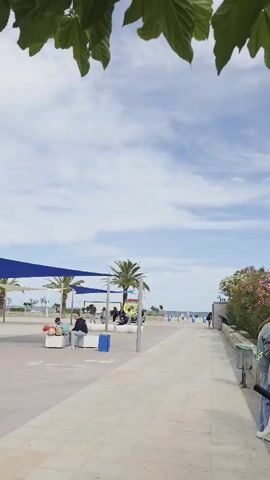 The video shows a sunny day at a beachside park. The camera pans across a tiled plaza with shaded seating areas, palm trees, and people walking. A child is seen rollerblading. The camera then focuses on a playground area where a man is helping a young girl on a swing. The playground equipment includes slides, swings, and climbing structures. Buildings are visible in the background. The overall impression is a pleasant, relaxed atmosphere.