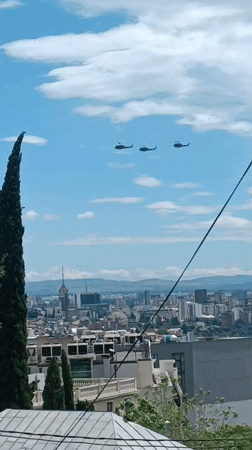 Aerial demonstration with helicopters, jets over Tbilisi, Georgia