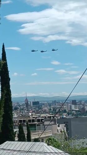 Aerial demonstration with helicopters, jets over Tbilisi, Georgia
