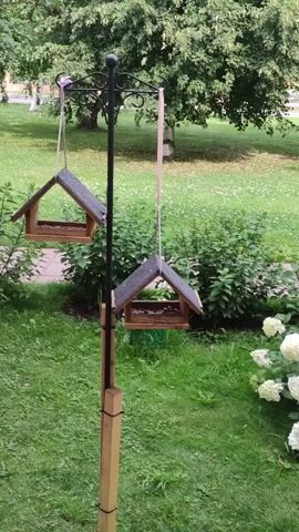 The video shows a park-like setting with trees, grass, and bushes. Two wooden bird feeders hang from a metal pole. In the foreground, there is a bush with white flowers. The camera pans from left to right, showing more of the green landscape.
