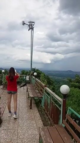 A person wearing a red t-shirt and denim shorts stands on a paved walkway, holding a white object to their face. They are facing away from the camera and appear to be taking a photo or video. Several peacocks are visible in the scene, some on benches and others walking on the ground. The walkway overlooks a scenic landscape with rolling hills and a cloudy sky. A tall pole with a solar panel and light fixture stands near the walkway. Wooden benches are placed along the edge of the walkway, and a potted cactus is to the left of the frame. The overall atmosphere is serene and natural.