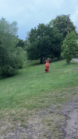 A person wearing an inflatable, orange dinosaur costume stands on a grassy hill in a park. The dinosaur costume has small arms and an open mouth, revealing the face of the person inside. Several trees are visible in the background, some of which are large and green. The sky is overcast. The ground near the camera is gravel.