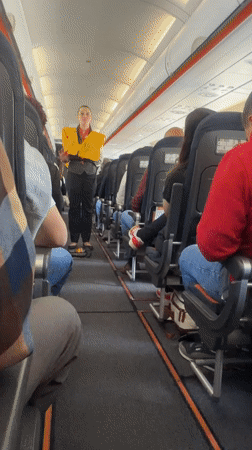 Flight attendant conducts safety demonstration on Luxembourg-area aircraft