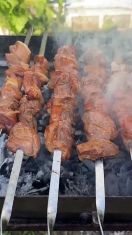 The video shows kebabs cooking on a grill outdoors. In the foreground, several metal skewers hold chunks of meat, some appearing to be pork and others chicken wings. The meat is browning and cooking over hot coals, with visible smoke rising. The background shows greenery, suggesting a backyard or outdoor setting. The video focuses on the cooking process, with the camera panning across the grill.